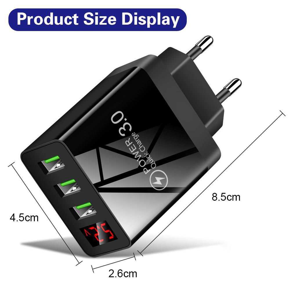 3 USB Digital Display Charger with Screen for EU, US, and UK Mobile Phones