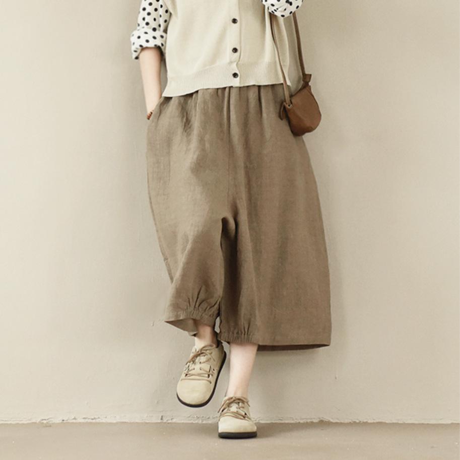 

Spring Retro Linen Three-Quarter Elastic Waist Skirt Pants for Women Red Immediacy