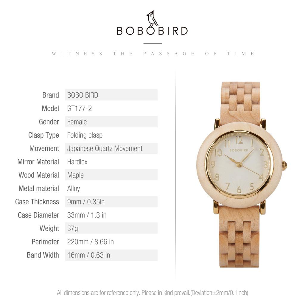 BOBO BIRD Wooden 28mm Natural Wood Analog Quartz Ladies' Watch, Diameter, Band, Display, Movement, Brown/Gold (Maple-1)