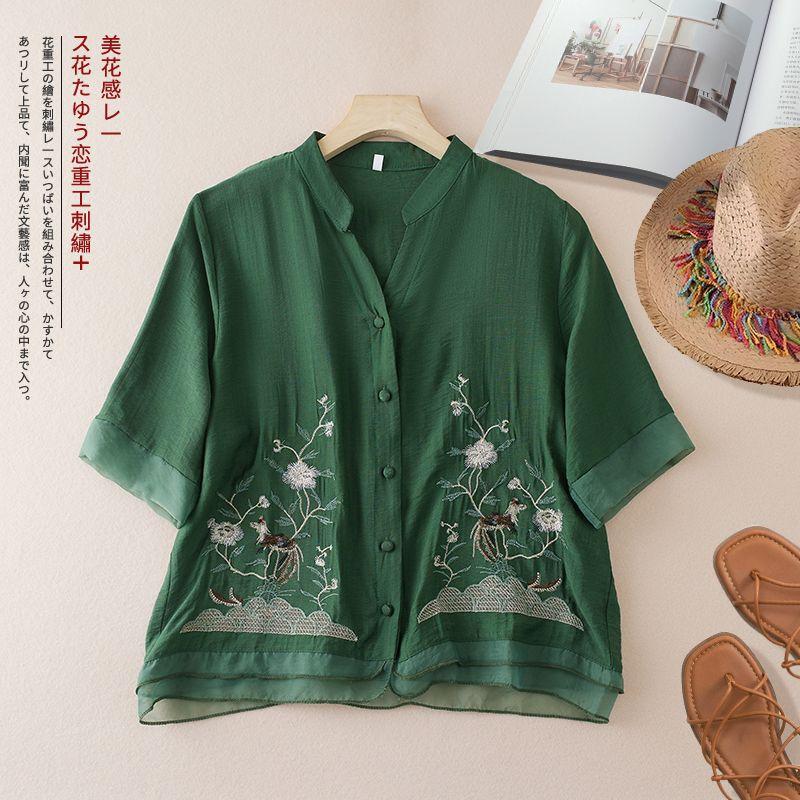 

Cotton and linen embroidered short-sleeved shirt top summer new ethnic style literary and retro V-neck design women s clothing M зелёный