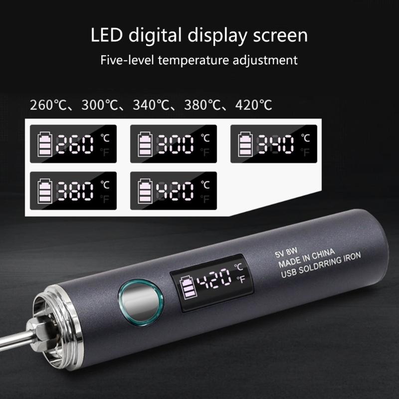 Adjustable Temperature Electric Soldering Iron USB Type C Charging Port Portable DIY Electronics Tool Replaceable Tip