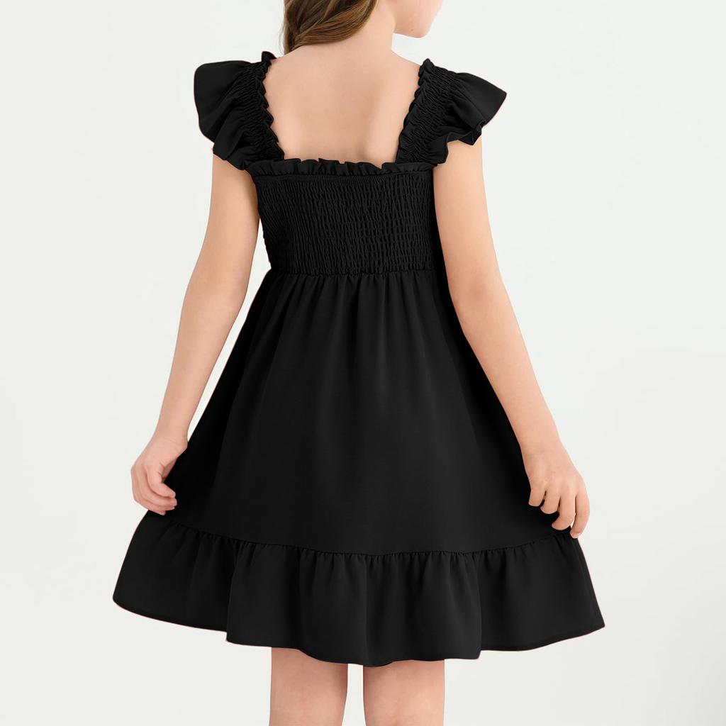 Girls Summer Sleeveless Dress - Square Neck Ruffled Back Short Dress