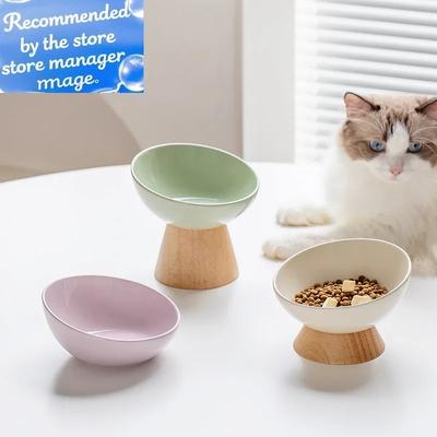 Cat Tilted Ceramic Bowl Small Dogs Elevated Food Water Feeders Pet Drinking Eating Supplies with Wooden Stand