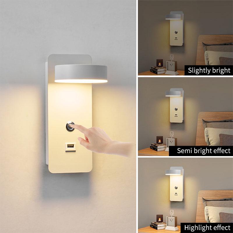 Three-Speed Dimmable LED Wall Lamp with USB Charger for Bedroom and Hotel