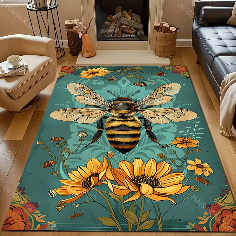 Vintage Bee Sunflower Print Carpet for Living Room Bedroom Bedside Sofa Table Floor Mat Music Room Area Rug Home Decor Gifts