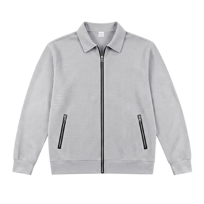 Men's Waffle Knit Full Zip Jacket Lapel Collar Long Sleeve Casual Lightweight Coat with Zipper Pockets for Spring and Fall Daily Wear