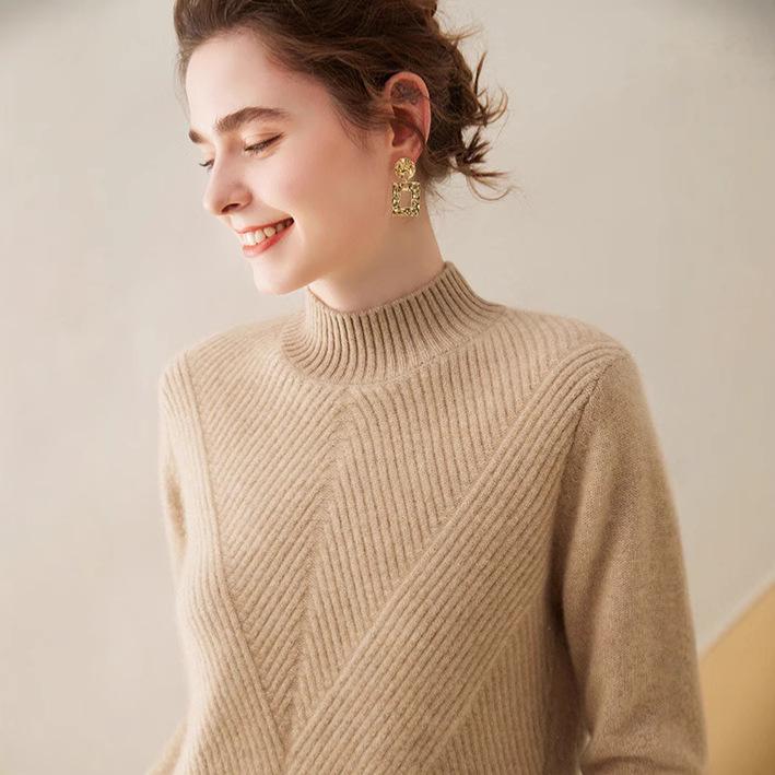 Women's High Neck Cashmere Knit Sweater - Thickened Loose Fit Pullover for Autumn/Winter