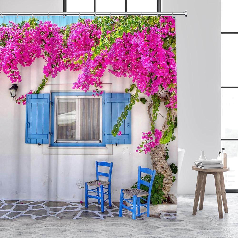Greek Mediterranean Shower Curtain Purple Flowers Blue Door Window White Architecture Nature Landscape Bathroom Curtains Decor