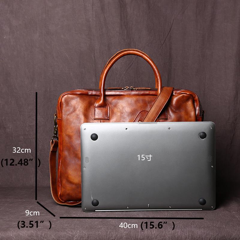 NZPJ Retro Handmade Top Layer Cowhide Leather Men's Handbag Vegetable Tanned Horizontal Computer Bag Zipper Briefcase