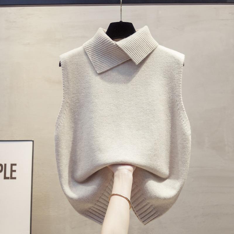 2026 Lässiger Stil Gestrickte Weste Weste Revers Damen Pullover Ärmellos Einfarbige Lockere Einfache Oberteile Elegante Mode Herbst Winter Basisbekleidung
