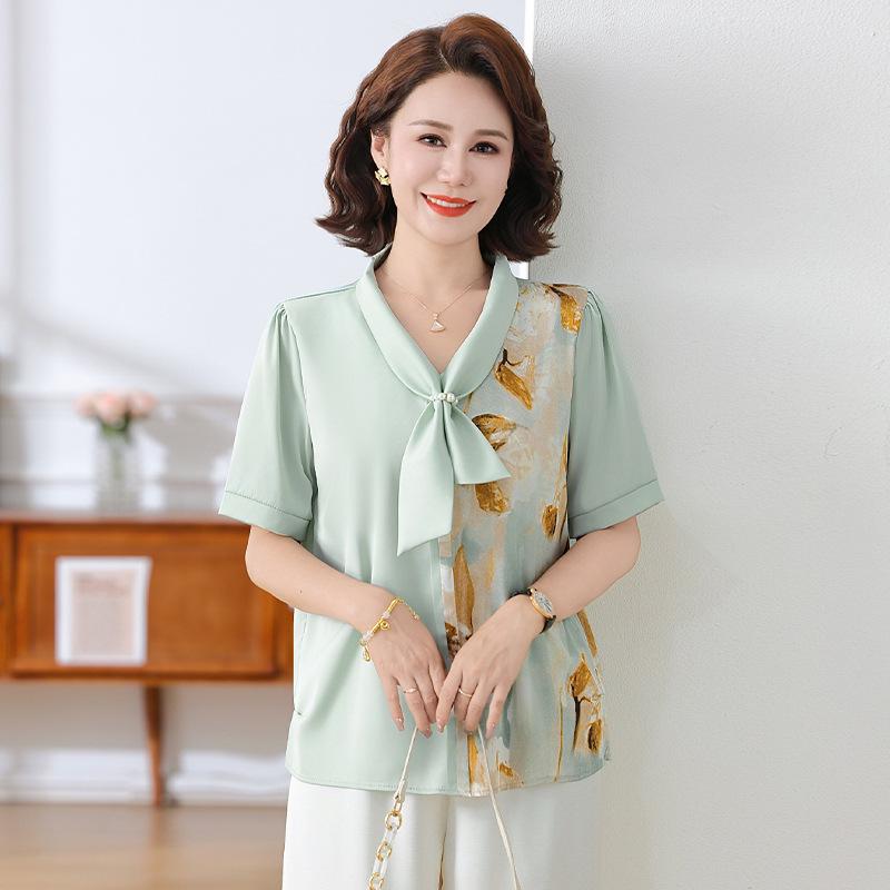 

Chiffon Tie-Up Short Sleeve Top - Breathable & Slimming for Young, Middle-Aged, and Elderly Women 3XL [120-135 kg] зелений