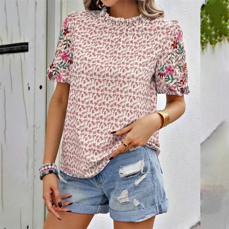 

Вышитые цветы украшения короткий рукав рубашка женская милый стиль плиссированный О-образный вырез пуловер блузка летние женские новые повседневные топы XXL розовый