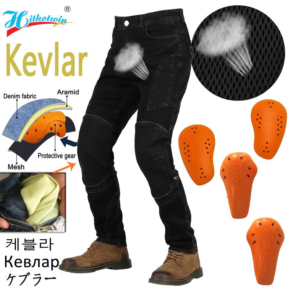 Men Kevlar Motorcycle Jeans Cooling Summer Riding Pants with CE Knee Armor Protective Blue Black