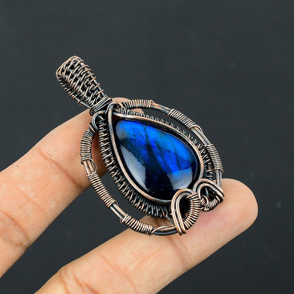 Blue Flash Labradorite Handmade Pendant, Natural Gemstone Jewelry, 999 Copper Wire Wrapped Pendant Jewelry, For Gift