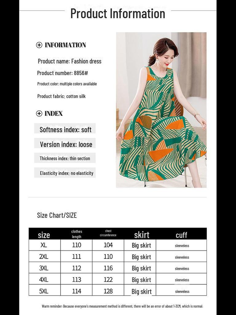 Sleeveless Silk Cotton Dress for Middle-Aged Mothers - Slim Fit, Large Size, Beach Dress for Summer
