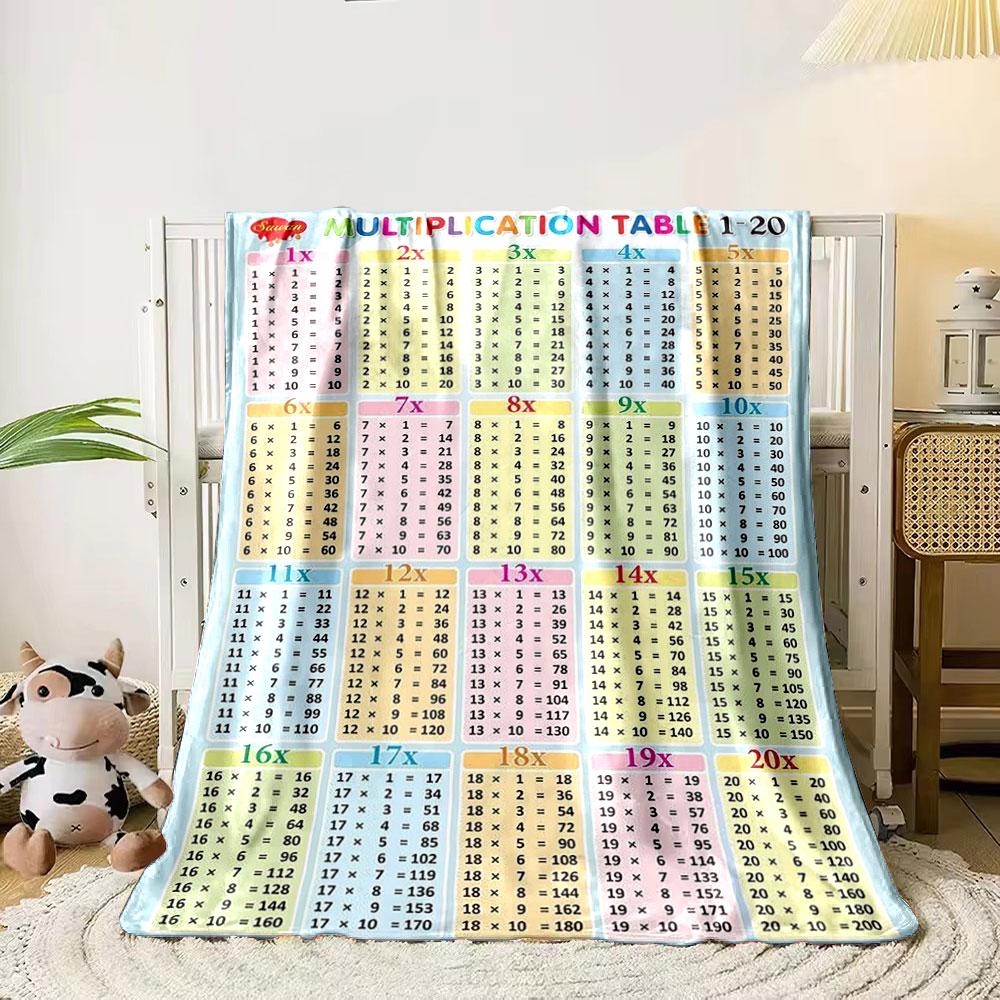 The image displays a colorful multiplication table from 1x to 20x. for all seasons blanket lunch break throw gift 80cm x 120cm