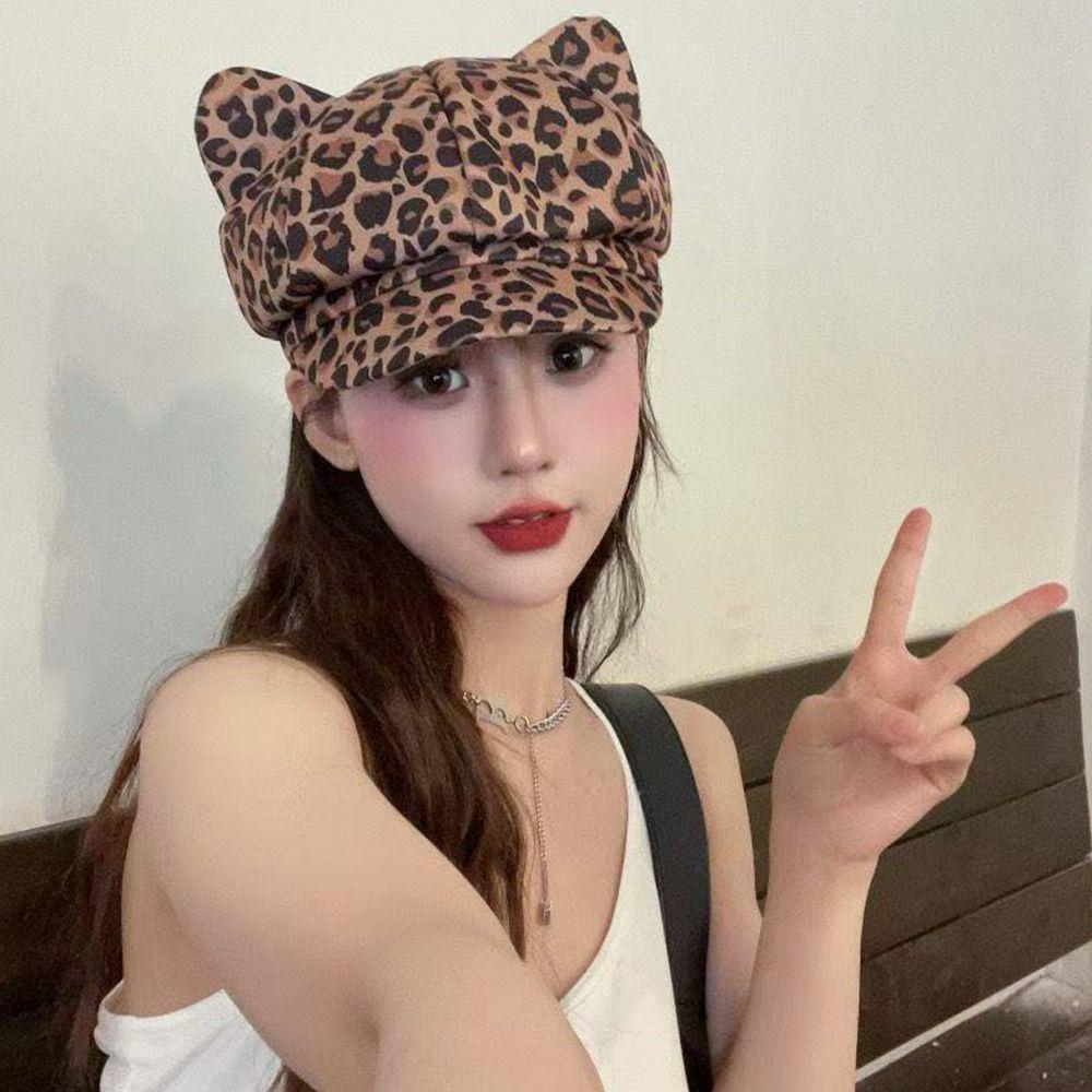 Gorra Estilo Retro con Orejas de Gato Estampado de Leopardo Gorras Octagonales de Repartidor Boinas Estampadas de Leopardo Ropa para Exteriores
