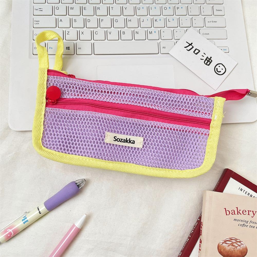 Retro Color Transparent Pencil Bag Nylon Zipper Stationery Bag Portable Mesh Pencil Case  Outdoor