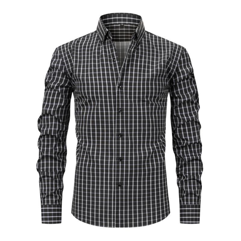 Men Grid Plaid Button Down Shirt Lapel Long Sleeve Slim Fit Business Casual Dress Shirt S