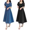 Women Summer Dress Square Neck Bubble Sleeve Pleated Shirring Elastic Bust Short Sleeve A-line Loose Hem Vintage Mic-calf Length Midi Dress