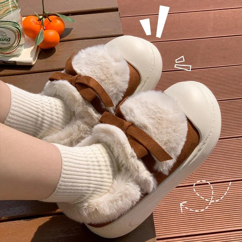 Fashion Cute Bowknot Fur Cotton Padded Shoes Women 2024 Faux Fur Warm Platform Snow Boots Woman Non Slip Thick Sole Winter Boots Female