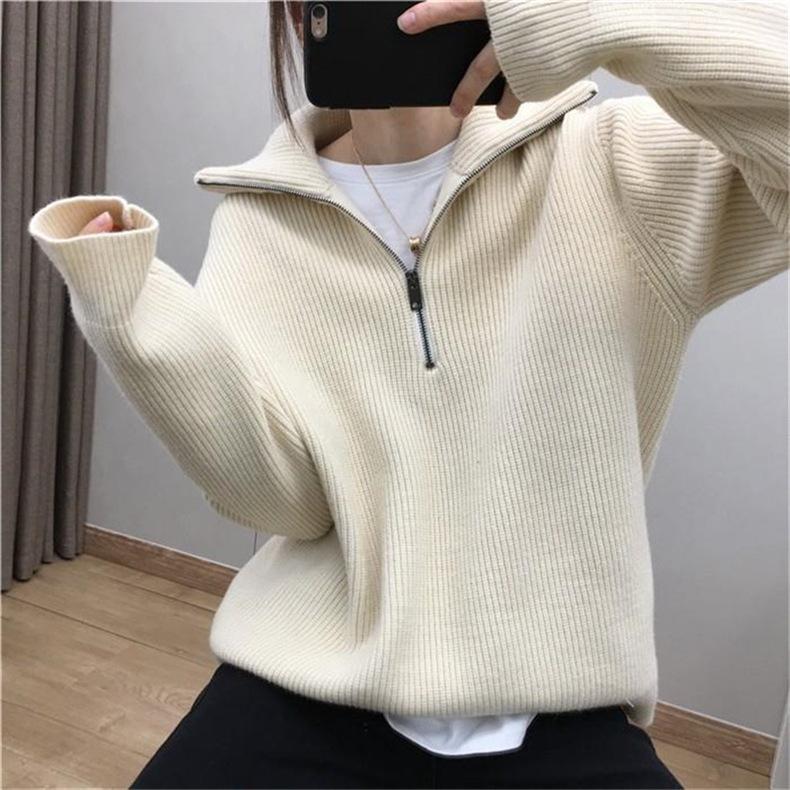Zipper Large Laps Solid Color Sweater Loose Pullover Sweater Jacket
