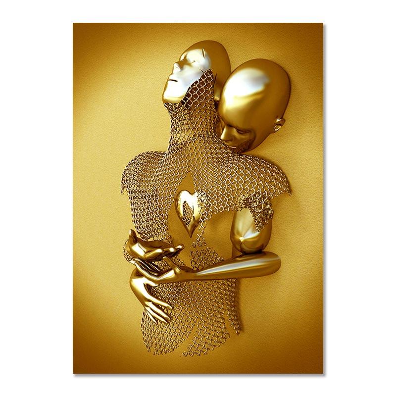 Metal Figure Statue Art Canvas Painting Golden Modern Lovers Sculpture Poster and Print Wall Pictures for Living Room Home Decor