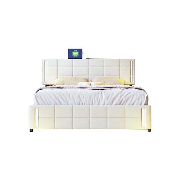 Lit - MUVOE - 140x200 cm - Rembourré en lin beige - 4 tiroirs - Prise LED intégrée