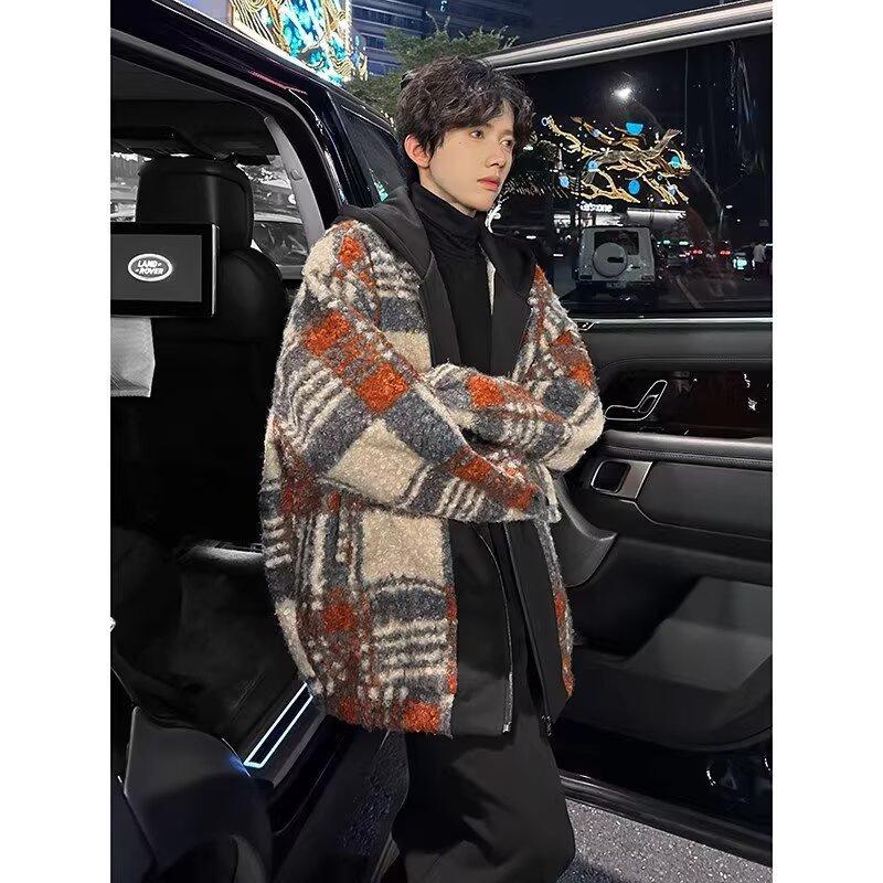 Men's Retro Plaid Patchwork Wool Hooded Jacket - Double-Sided, Thickened Outerwear for Autumn/Winter