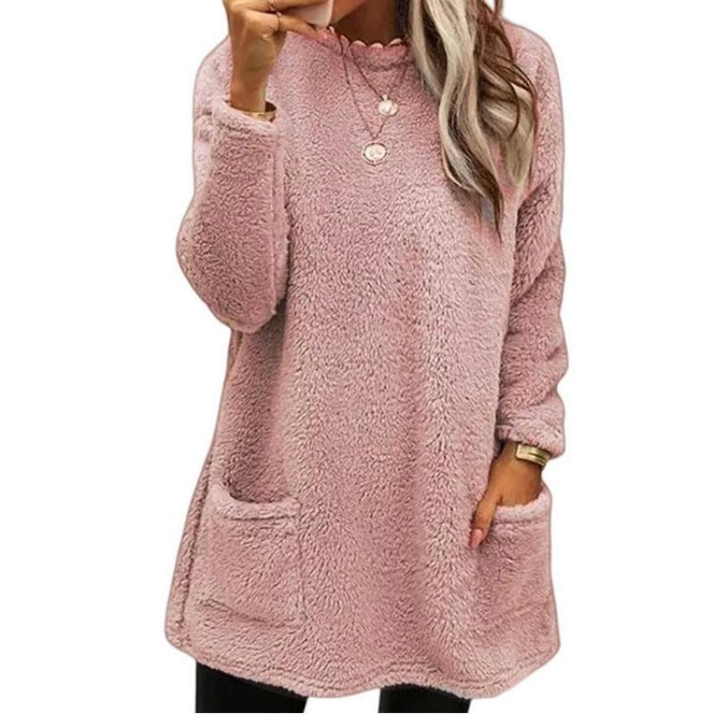 2026 New Women's Fleece Pocket Tee - Long Sleeve Plush Pullover Sweatshirt Top, Soft Cloud Touch Casual Shirt for Autumn Winter Loungewear Essentials