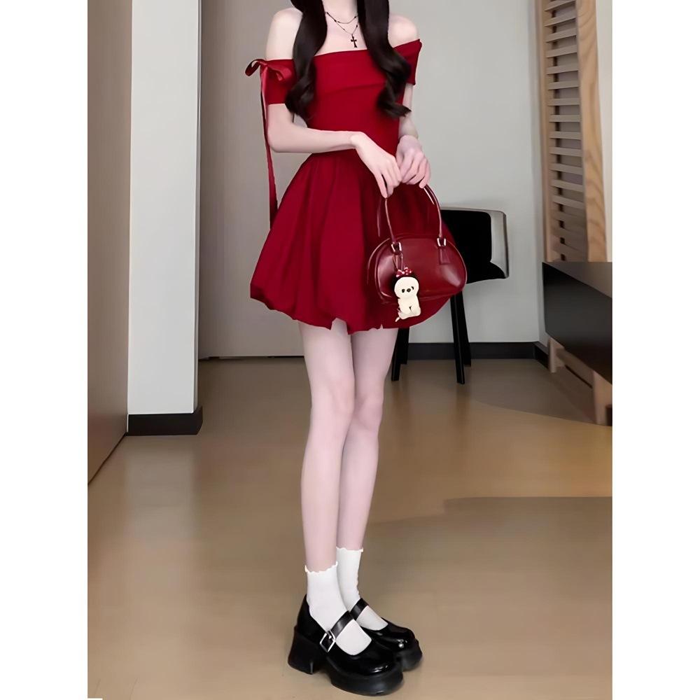 

Новое красивое пышное платье-мини с открытым плечом, черное платье для женского летнего отдыха XL- (Recommended 110-60kg)