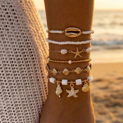 Ensemble de Bracelets Perles Étoile de Mer Coquillage Bohème pour Femmes Été Plage Multicouche Étoile de Mer Coquillage Empilé Bracelet Fête Zircon Cadeaux