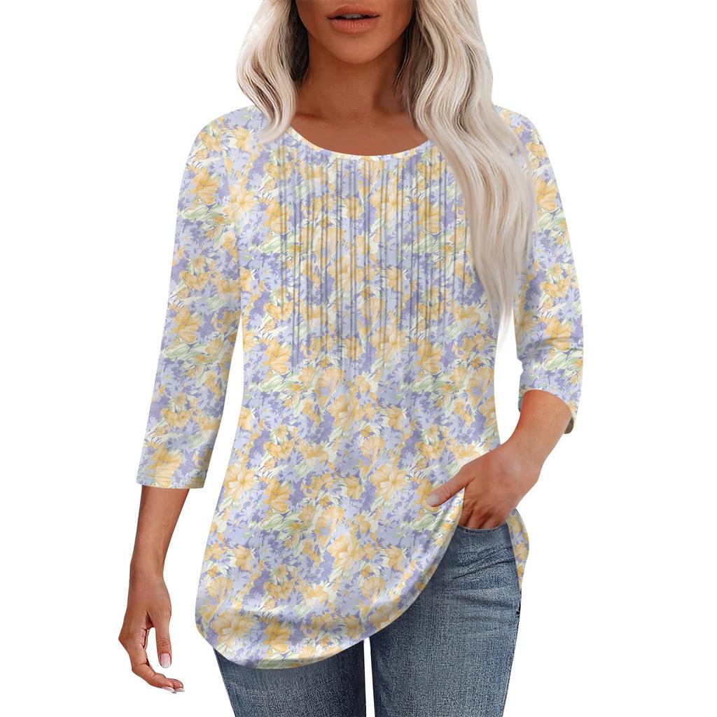 Women's Fashionable Casual Pleated Round Neck Casual Floral Print Seven Quarter Sleeved T-shirt Top