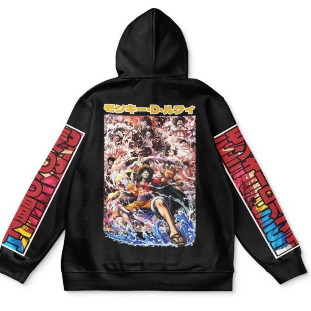 Anime One Piece Hoodie Luffy Battle Art Colorful Character Sleeve Print Long Sleeve Drawstring Pullover Sweatshirt Pirate Fans Streetwear Top