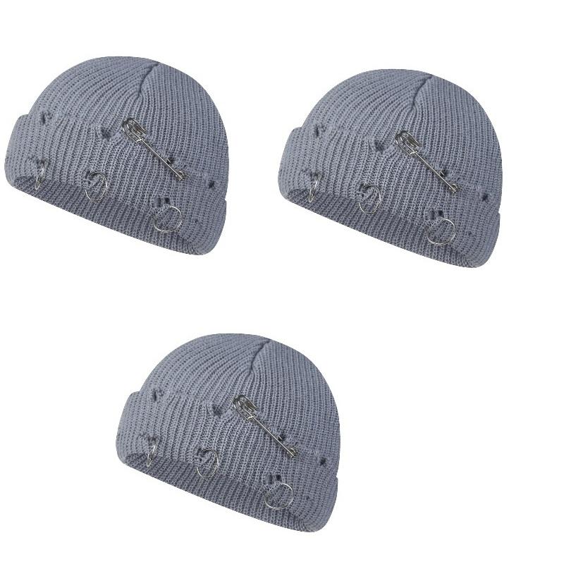 Women Girls Y2k Gothic Beanie Winter Knit Hats Trendy Metal Rings Pin Hip Hop Streetwear Harajuku Skull Cap Emo Scene Grunge