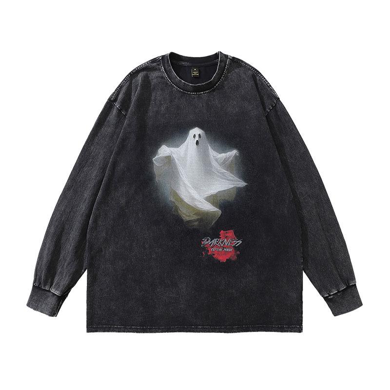 Skull Print Long-Sleeved T-Shirt High Street Trendy Brand Retro Washed Loose Cotton Vintage Top T-Shirt Men