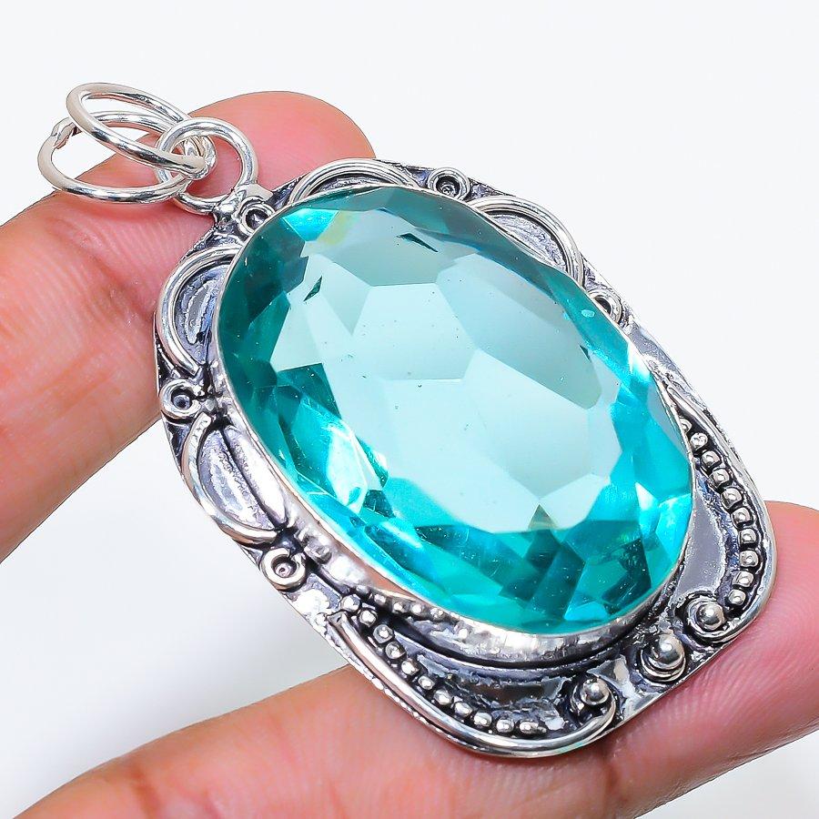 Natural Blue Topaz Gemstone 925 Sterling Silver Jewelry Pendant 2.36" AP-16503