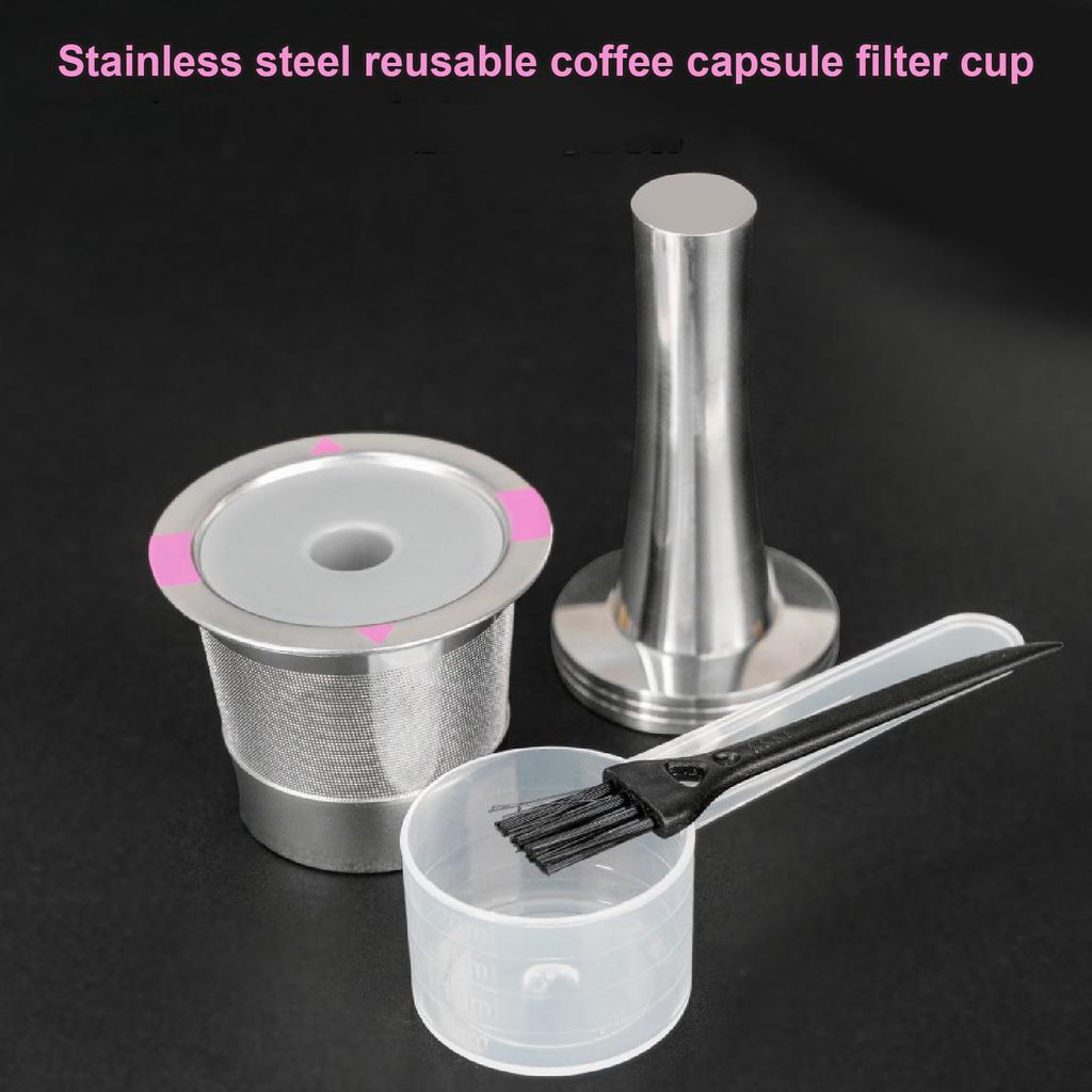 Reusable Coffee Capsule Stainless Steel Refillable Coffee Filter Pod with Tamper Brush and Spoon for Coffee Makers
