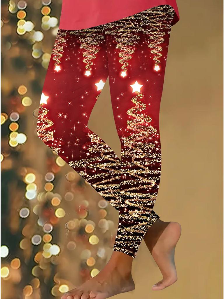 Damen Weihnachts-Festival-Drucke Stretch Yoga Leggings Fitness Laufen Gym Sport Aktivhosen