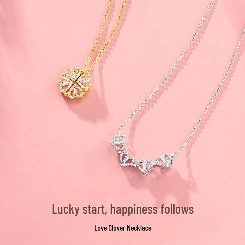 Neue wendbare herzförmige vierblättrige Kleeblatt-Halskette - Damenmodisch, zum Öffnen, kreatives Herz-zu-Herz-Design.