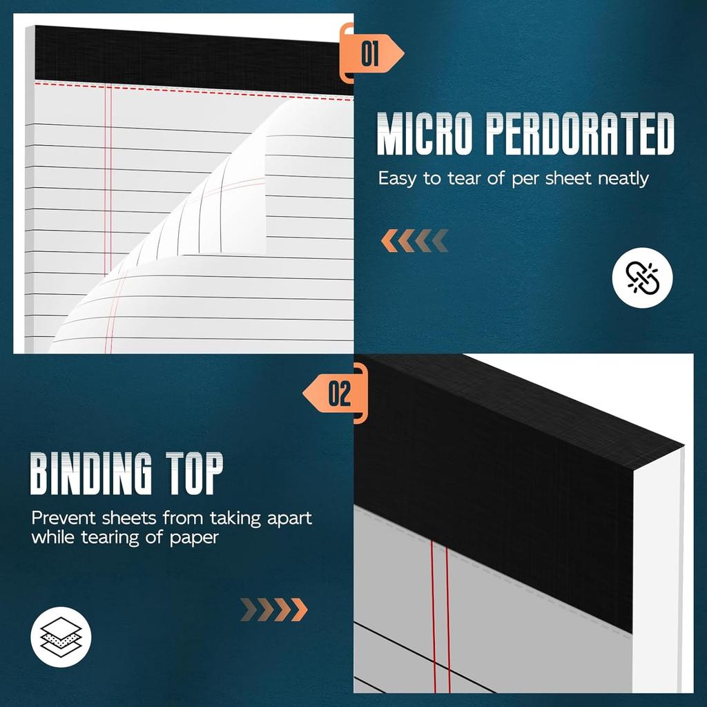 3 Pack White Legal Pads 8.5 x 11 Note Pads, Wide Ruled Notepads, Micro Perforated Lined Note Writing Pads 30 Sheets per Notepad Double-Side Printed