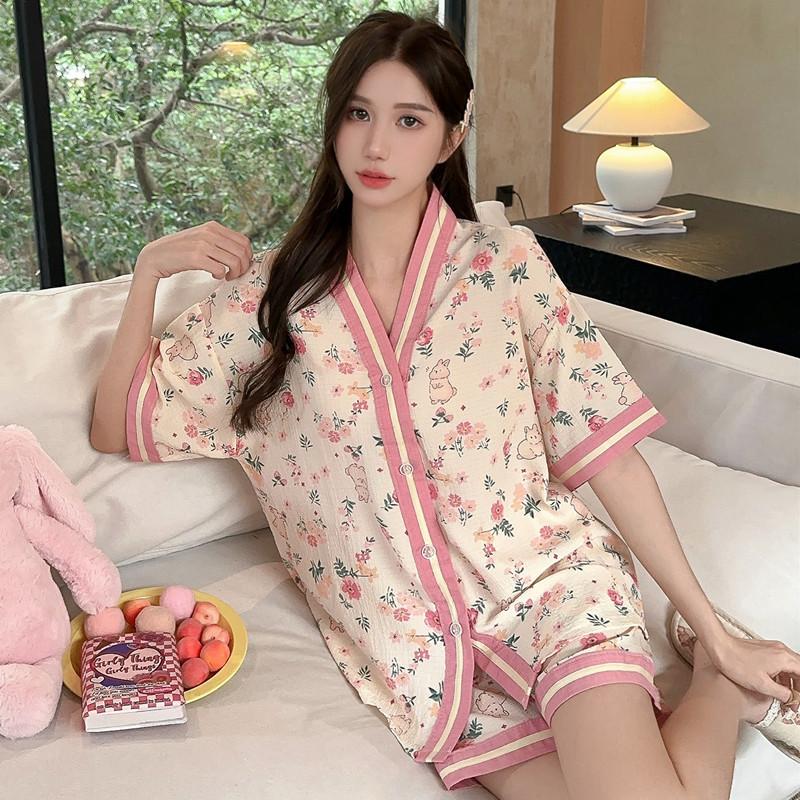 Floral pajamas women's summer short sleeves Internet celebrities sweet gauze cute cartoon summer cardigan thin large size loungewear