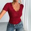 T-shirt da donna a tinta unita sexy con scollo a V in pizzo, manica corta, base in pizzo