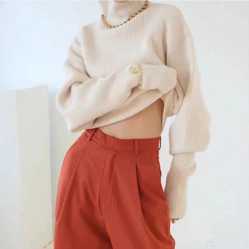 Korean Style High-Neck Knit Sweater for Women: Soft, Solid Color, Loose Fit, Ideal for Autumn and Winter