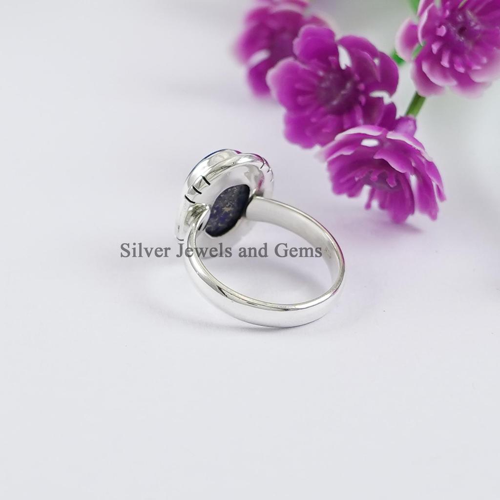 Oval Lapis Lazuli Ring, 925 Sterling Silver, Taurus Birthstone, Boho Ring