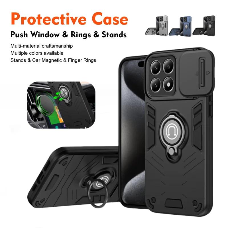 Magnetic Ring Shockproof Armor Case For Xiaomi 14T Pro 5G Slide Lens Protection Cover For Mi 13T PRO POCO X6PRO K70E 13T