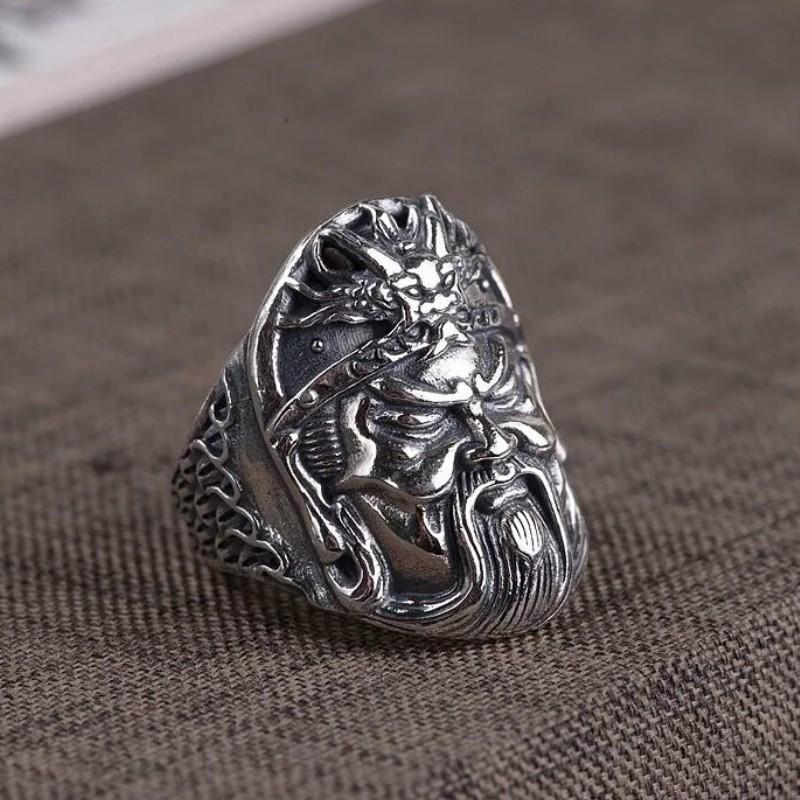 Adjustable Open Ring Men Women Plated Guan Yu Warrior Design Vintage Style Statement Jewelry Gift
