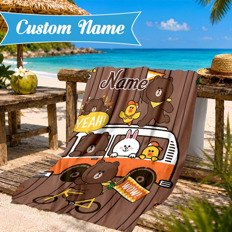 Custom Name Happy Valentine's Day Brown Bear Beach Towel Microfiber Beach Towel, Lightweight and Quick-Dry, for Summer Travel, Swimming Pool Gift