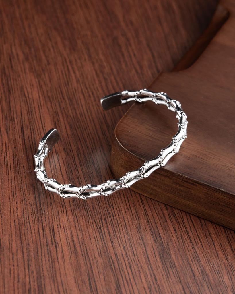 Open Bracelet Men'S And Women'S Metal Ancient Silver Bracelet Retro Simple Bamboo Feather Engraving Bracelet