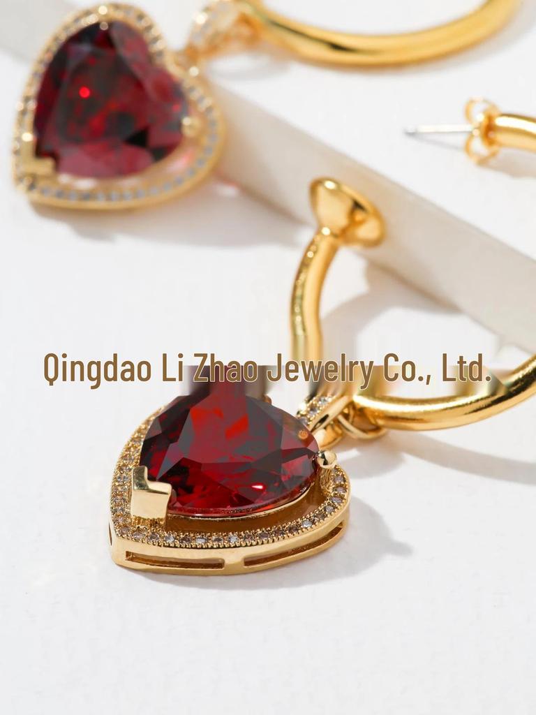 Retro Ruby and Diamond Heart Jewelry Set: Earrings, Ring, Necklace
